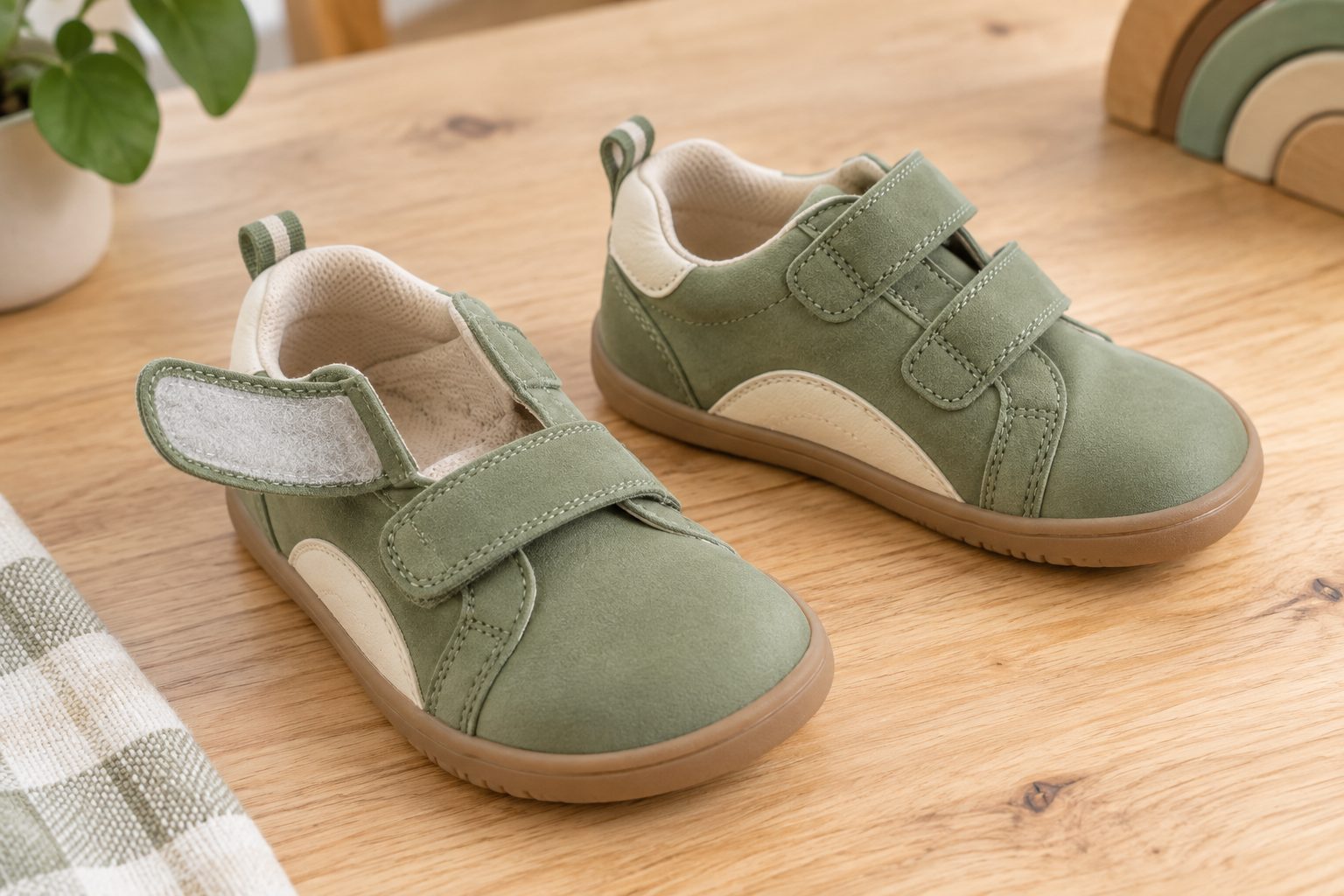 Calzado infantil de puntera amplia y suela plana Par de zapatos infantiles verde salvia y crema con puntera amplia, suela fina y cierres autoadherentes.