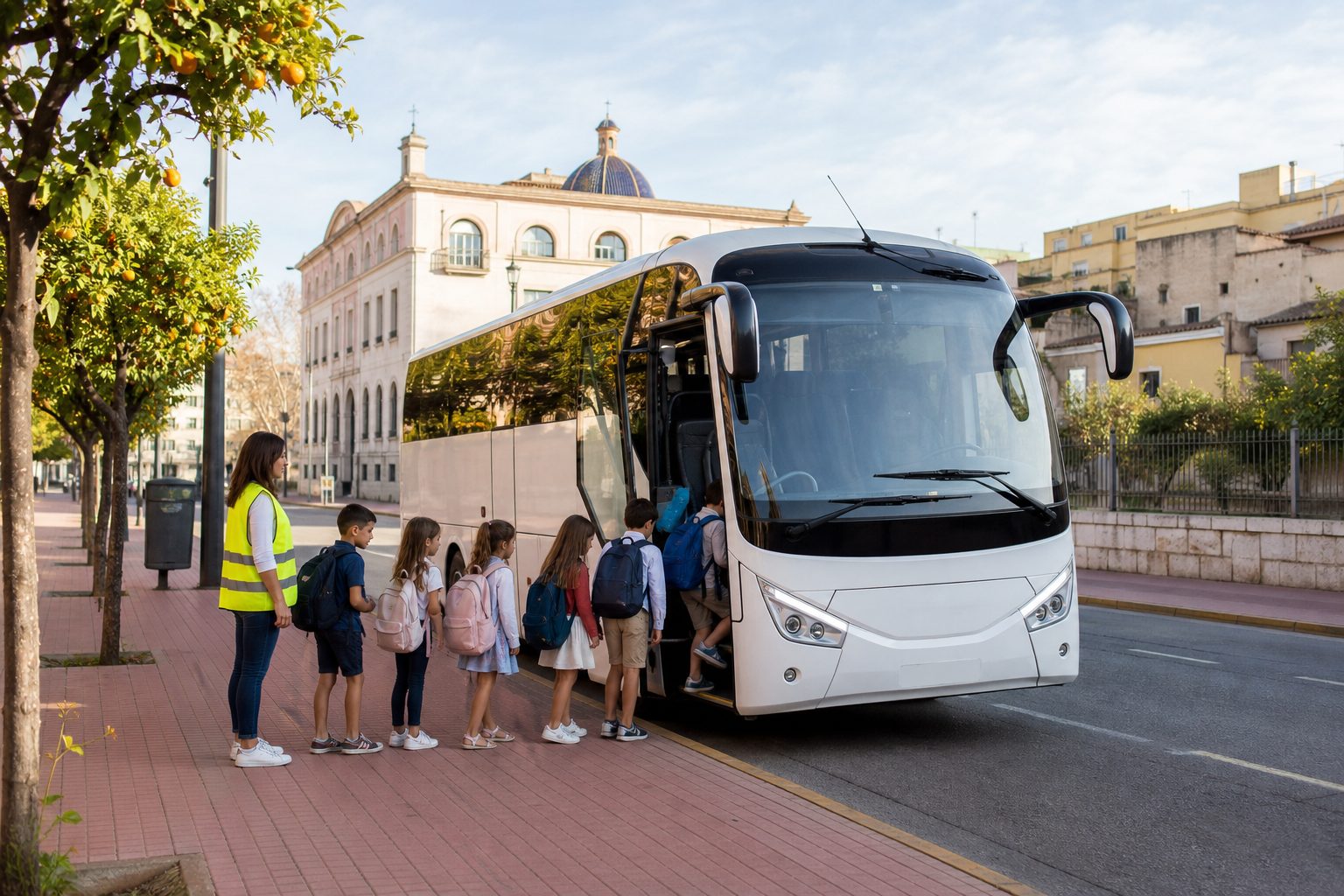 Servicio de transporte escolar seguro en Valencia Escolares suben de forma ordenada a un autocar bajo la supervisión de una monitora en Valencia