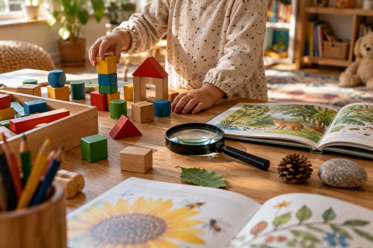 Juegos para descubrir intereses infantiles sin poner etiquetas — Imagen 1 Niño juega con bloques, un libro y una lupa