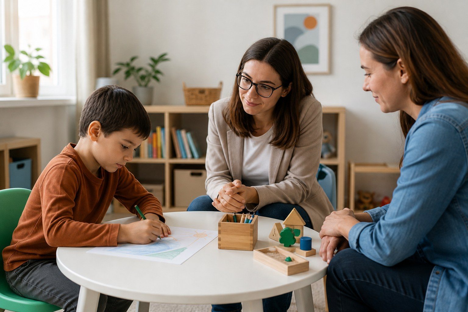 Sesión de psicología infantil con acompañamiento familiar Niño dibujando acompañado por una psicóloga infantil y su madre en una consulta
