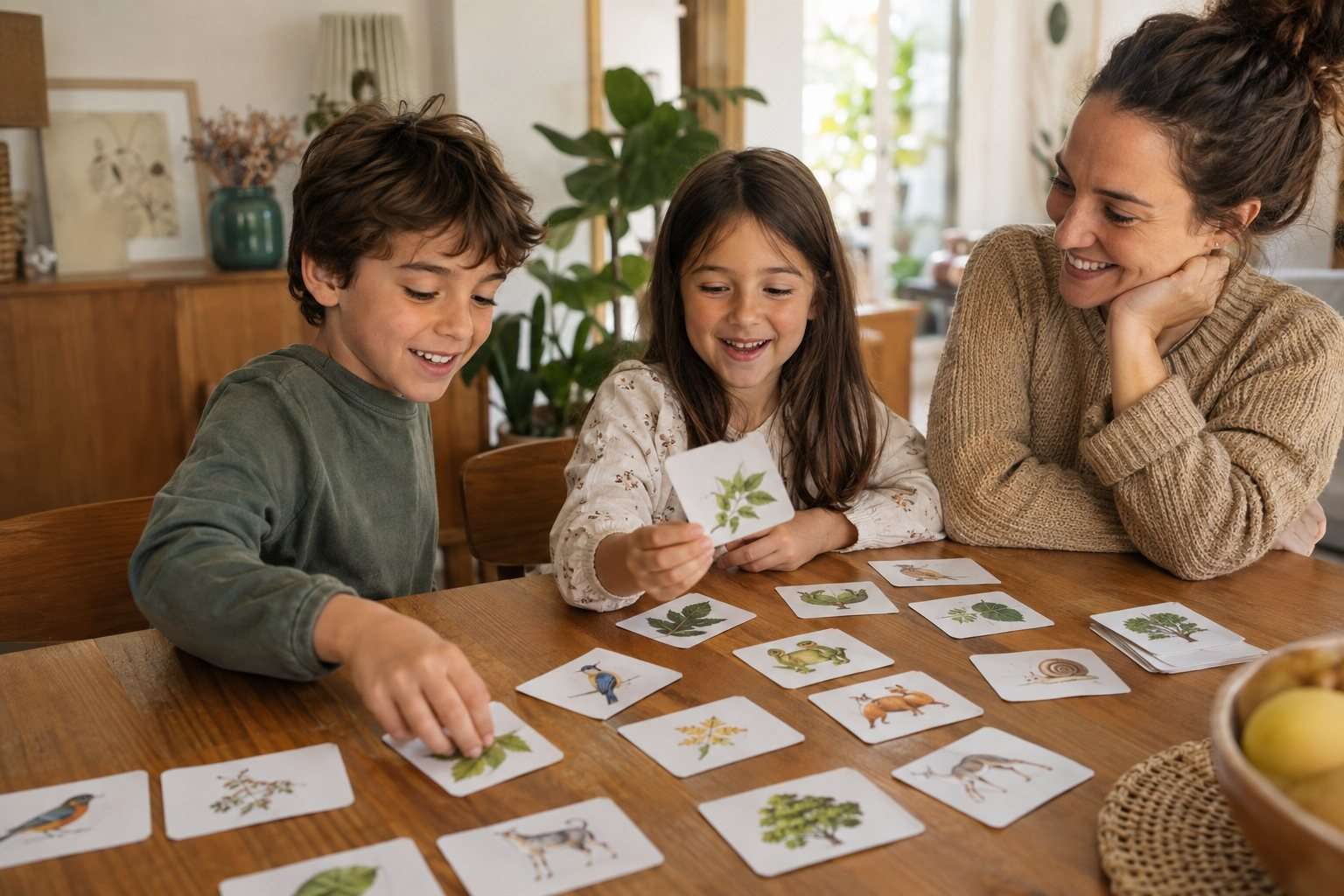 Técnicas de estudio para niños: seis juegos sencillos para practicar en casa — Imagen 1 Dos niños repasan con tarjetas ilustradas junto a una persona adulta.