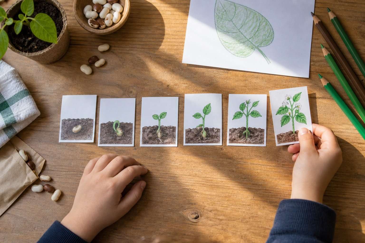 Tarjetas de aprendizaje y materiales escolares sobre una mesa.
